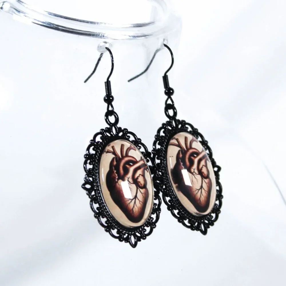 The Crimson Pulse Gothic Victorian Anatomical Heart Earrings Black Metal Cameo